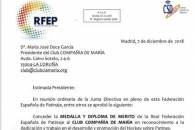 MEDALLA Y DIPLOMA DE MERITO DE LA REAL FEDERACIÓN ESPAÑOLA DE PATINAJE AL CLUB COMPAÑÍA DE MARIA
